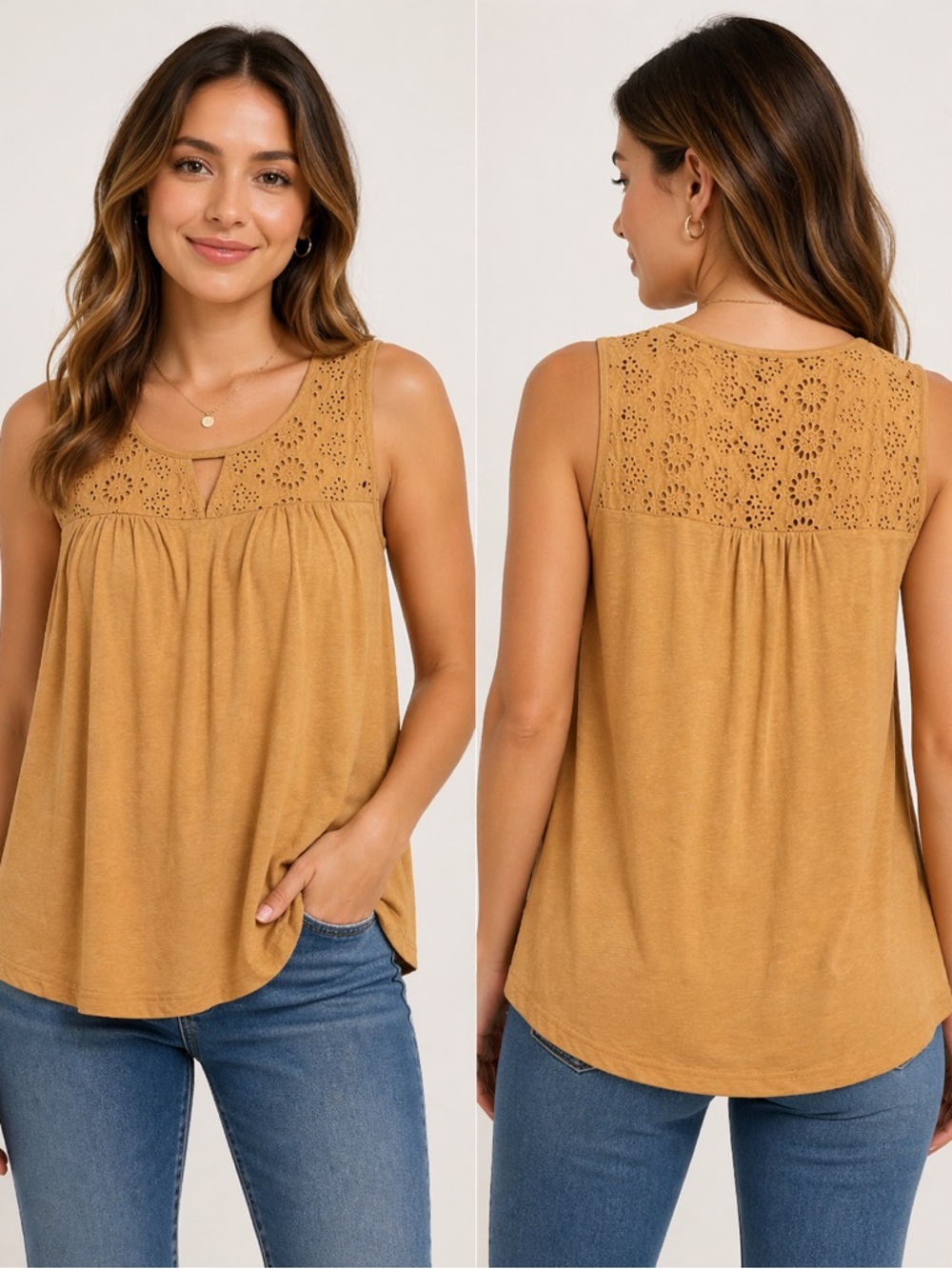 Threads 4 Thought Muted Mustard Eyelet Yoke Tank Top